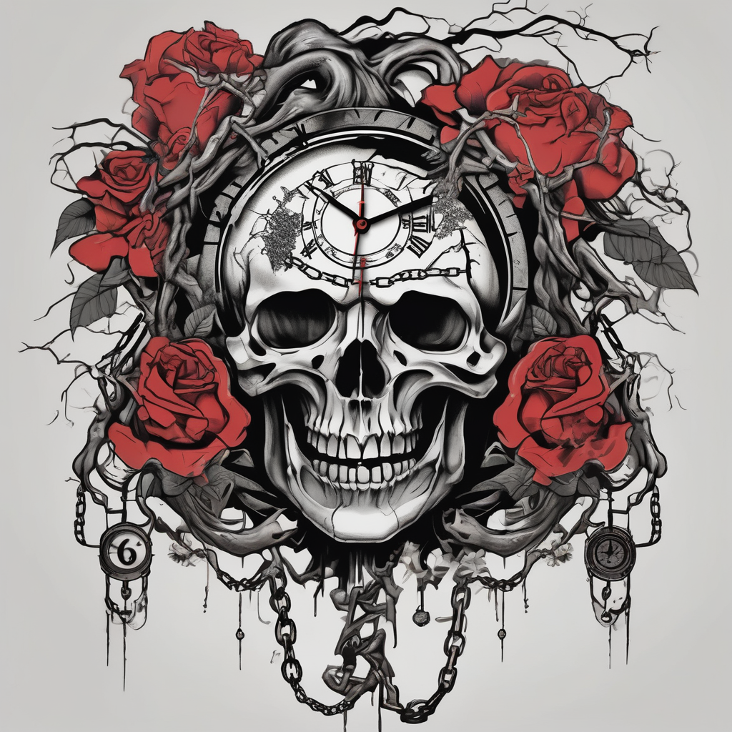 tattoo fool sleeve, tree roots break out of the chains, broken mask, clock with flying numbers, girl, skull, roses glitter tattoo, design de tatouage Japonais généré par IA